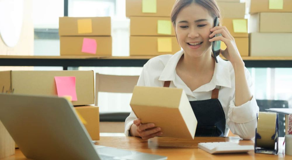 woman on phone packaging